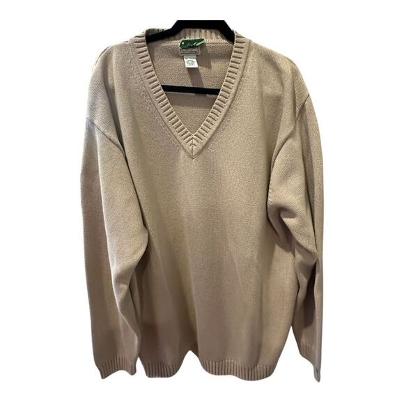 Vintage 90s LL Bean Mens Cotton Knit V-Neck Sweater Beige Men's Tan Sweater - Picture 1 of 10